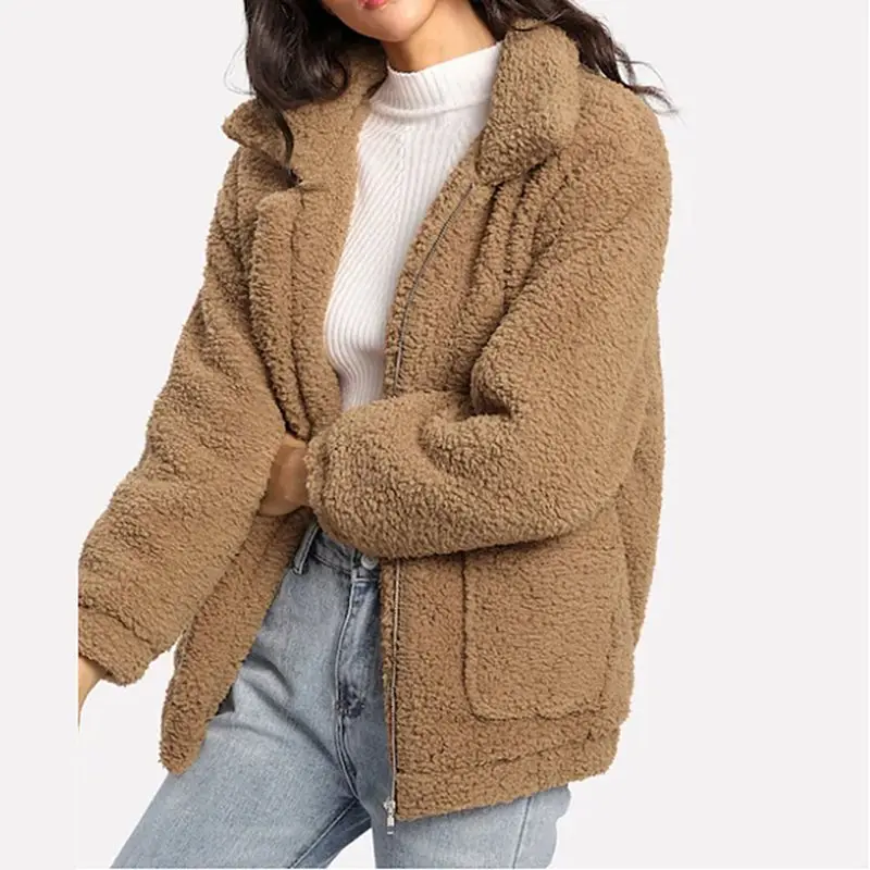 

Harajuku Lamb Cashmere Jacket Coat Woman Loose Thick Zipper Short Coat Winter Warm Nine Point Sleeve Shirt Solid Color Plus Size
