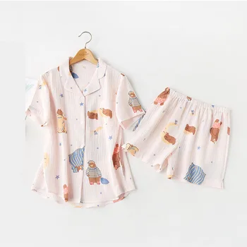 

100% Cotton Shorts Pajamas Set for Ladies Summer Sleeping Clothes with Animals Bear Printing Short-sleeved Shorts Conjunto Mujer