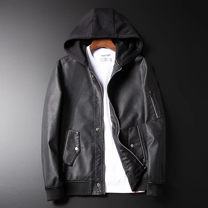 

2019 autumn and winter models men's hooded leather men's Korean version of the self-cultivation large size leather jacket