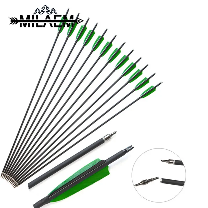 

12pcs Spine 500 Archery Carbon Arrows OD7.8mm ID6.2mm 100 Grain Replace Arrowheads And 4 inch Shield Shape Natural Feather