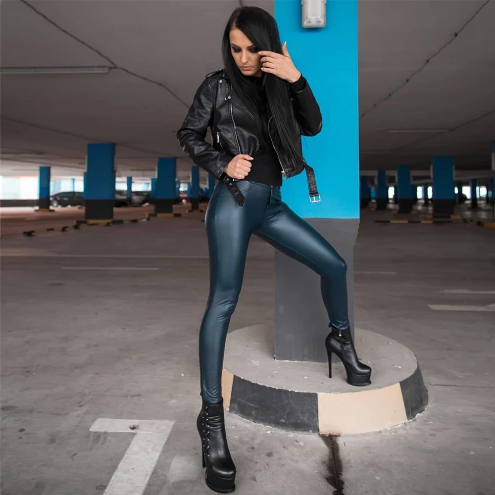 

Melody Glossy Leather Pants Navy Blue Faux Leather Leggings Straight Leg Wet Look Fit Womens Pants Scrunch Butt Leggings