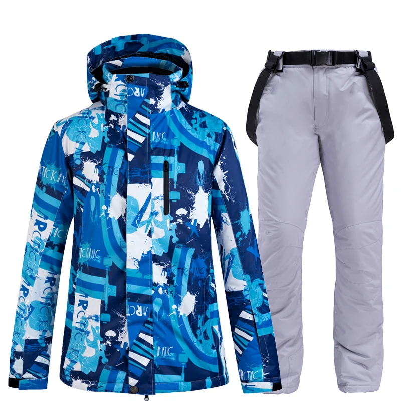 Модный Цветной синий мужской зимний костюм для сноуборда водонепроницаемый Зимний спортивный лыжный костюм наборы куртки+ зимние штаны - Цвет: picture jacket pant