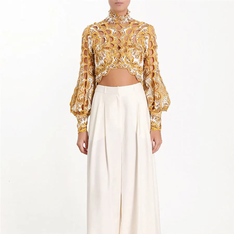 DEAT New Arrival Women Fashion Sexy Hollow Out Beading Short Top Shirt Puff Sleeve Gold Blouse MH037