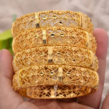 

ANNAYOYO 4Pcs/lot Ethiopian Africa Gold Color Bangles for Women Flower Bride Bracelet African Wedding Jewelry Middle East Items