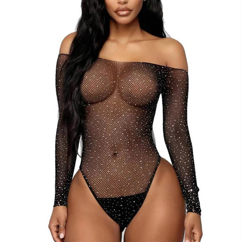 Beading Skinny Bodysuits Off Shoulder Sexy Diamonds Body Encaje Sparkle Transparent Women Attractive Long Sleeve Hollow R80877 Beading Skinny Bodysuits Off Shoulder Sexy Diamonds Body Encaje Sparkle Transparent Women Attractive Long Sleeve Hollow R80877
