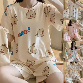 

Women Cartoon Leaf Animal Print Pajamas Set Short Sleeve Tops Pants Sleepwear