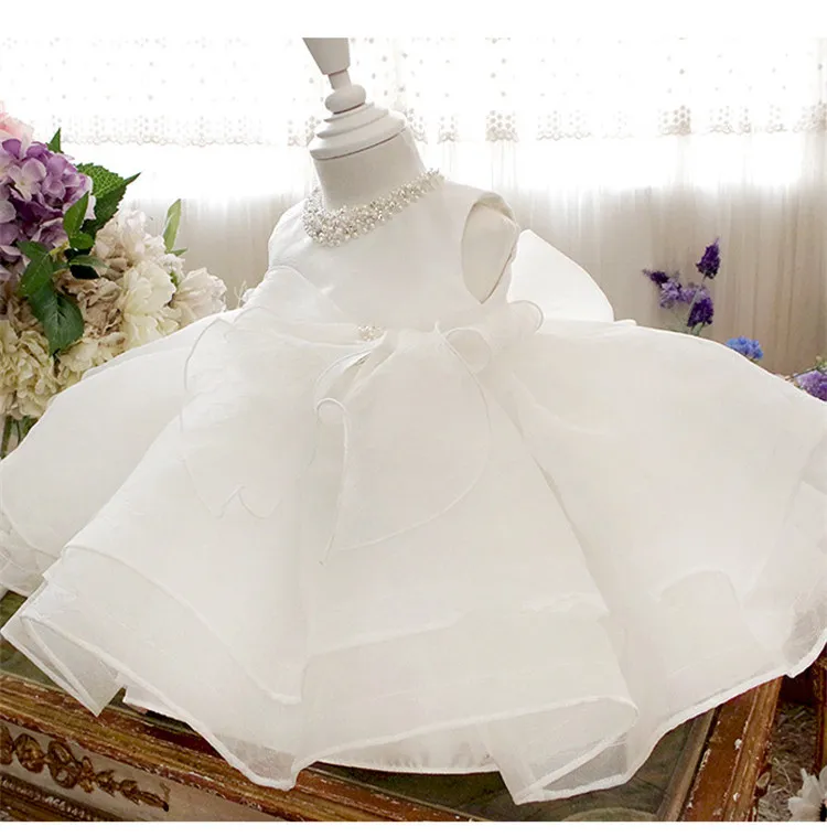Белое Тюлевое платье с бусинами для маленьких девочек на свадьбу; Пышное кружевное платье принцессы для маленьких девочек; платье для крещения; платье для первого дня рождения