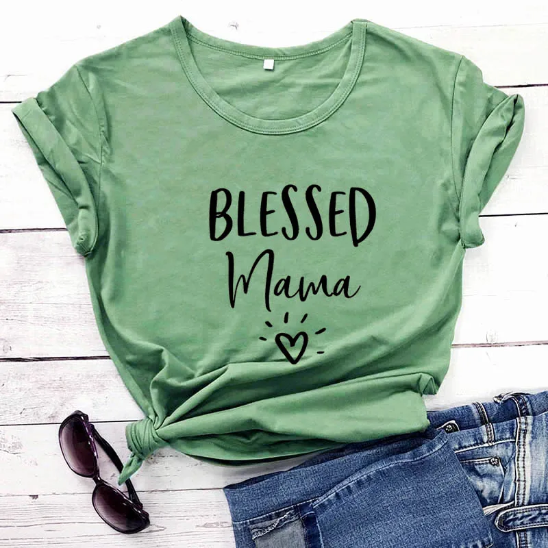 Женские футболки с принтом Blessed Mama, повседневные футболки большого размера, Harajuku, графическая футболка, хлопковые христианские топы, Прямая поставка - Цвет: Зеленый