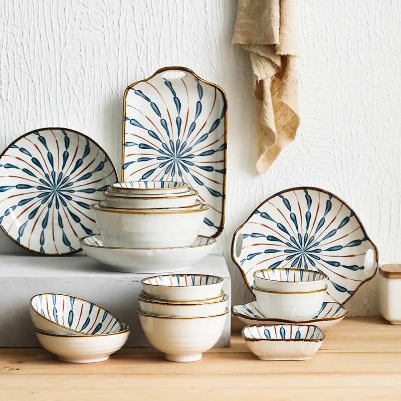 

Japanese Style Ceramic Plate Set Handle Porcelain Dinner Dishes and Plates Sets Dinner Set Dessert Plate Bowl Kitchen Tableware