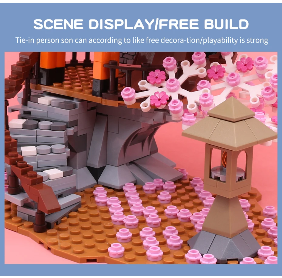 MOC DIY Building Block Assembly Small Particle Collection Construction Toy 1,106 Pieces PHYNEDI Japanese Street View Cherry Blossom Pavilion Bricks Model with Light Set 
