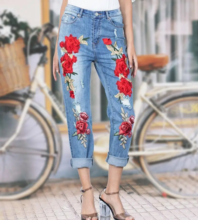 Джинсы с вышивкой 3D розы, Женские Мешковатые Джинсы бойфренда, рваные, свободный крой, прямые джинсовые штаны размера плюс r2392