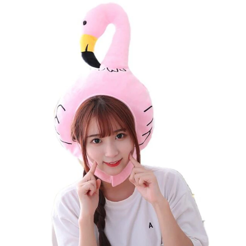 Flamingo head bird hood hat plush hat toy birthday stuffed cartoon cap gift