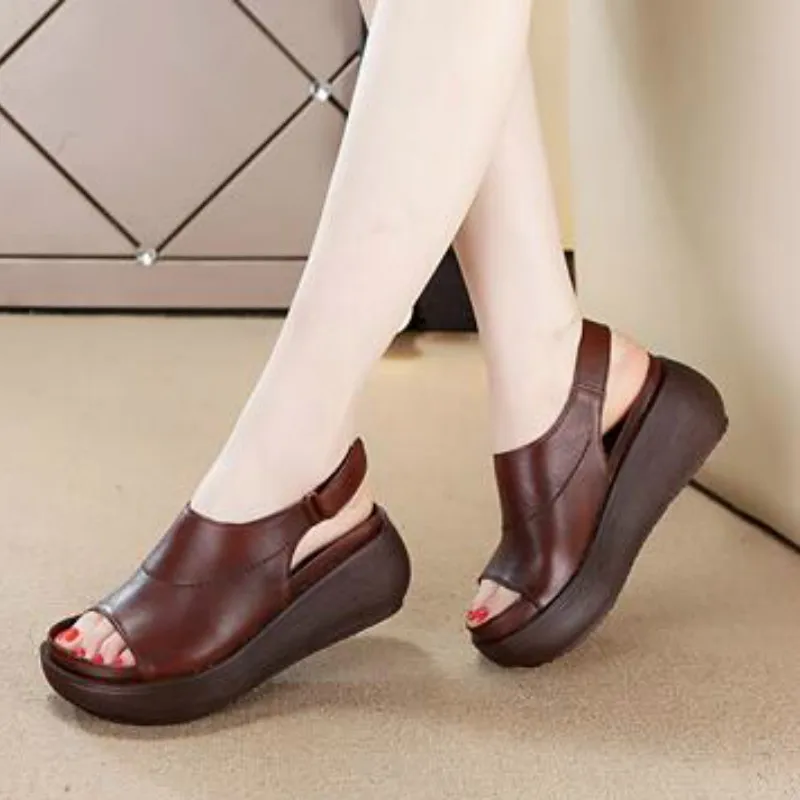 

Tyawkiho Genuine Leather Women Sandals Coffee 6 CM High Heels Sandals Wedge Summer Shoes 2018 Fish Mouth Retro Shoes Handmade