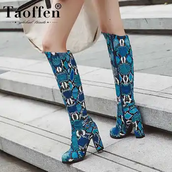 

TAOFFEN 4 Colors Winter Warm Snakeskin Pattern Knee High Boots Pointed Toe Zipper High Heels Shoes Woman Sexy Boots Size 34-43