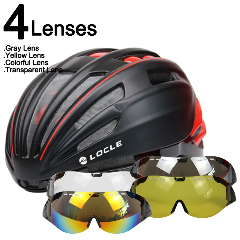 LOCLE Goggles велосипедный шлем дорожный горный MTB велосипедный шлем Casco Ciclismo Сверхлегкий в форме велосипедный шлем с очками 55-61 см - Цвет: Black Red 4 Lenses