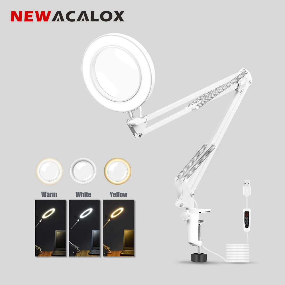 Newacoax USB 5X blanco plegable lupa abrazadera de mesa herramienta de tercera mano 3 colores LED l