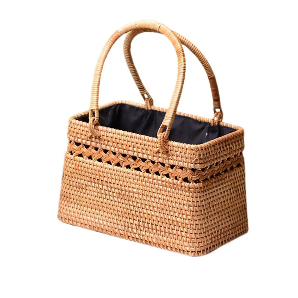 

Bohemia Style Handmade Rattan Straw Woven Cutout Bag Natural Exotic Rattan Storage Basket Fashionable Beach Bags For Women