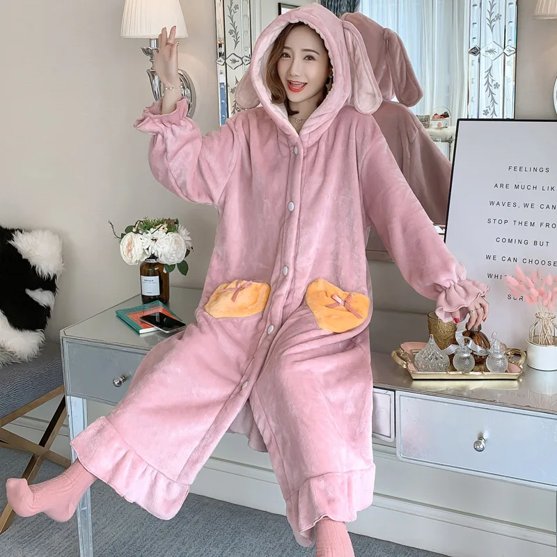 

Coral Velvet Night-robe Women's Winter Korean-style Students Rabbit Eared Pajamas Cute College Style Thick Flannel Tracksuit