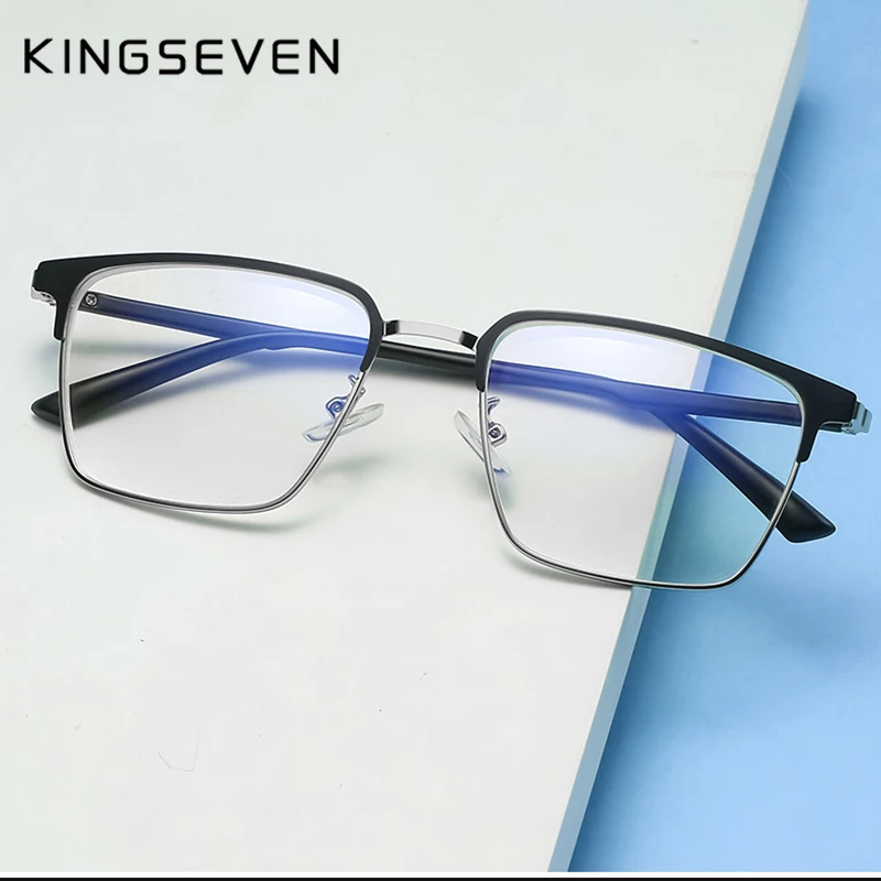 

KINGSEVEN New Metal Anti-Blu-ray Reading Glasses Men's Business Square Frame Myopia Reading Glasses