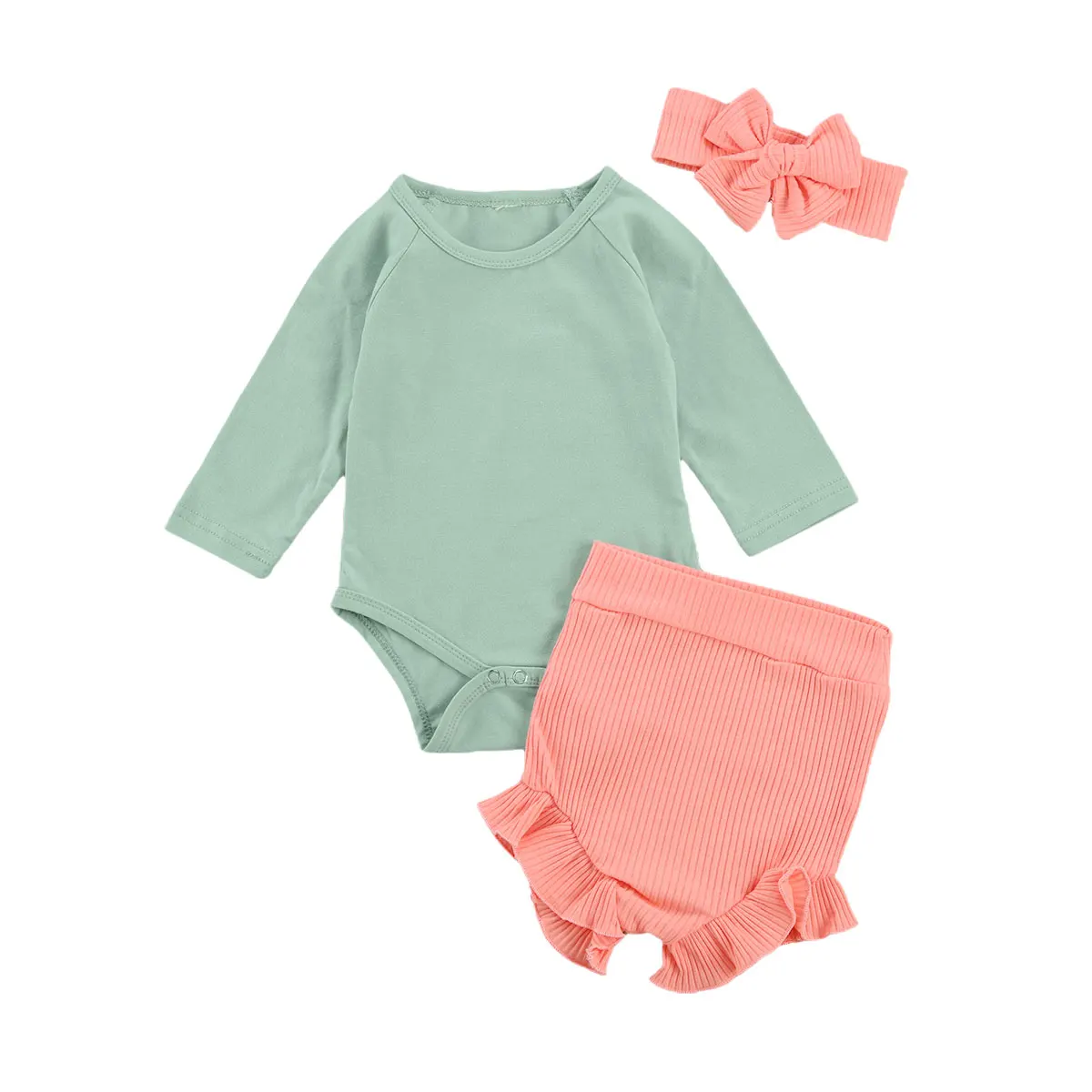 

Baby Girl Clothes Set Solid 3Pcs Suit Long Sleeve Romepr+Elastic Waist Shorts With Big Bowknot Hairband