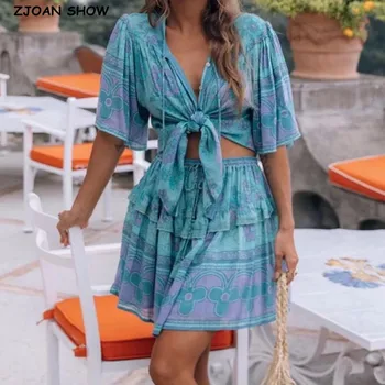 

New Bohemian O neck Floral Print Short Sleeve Shirt Blue 2020 Women Tide Bow Elastic Waist Mini Short Skirts 2 Pieces Set