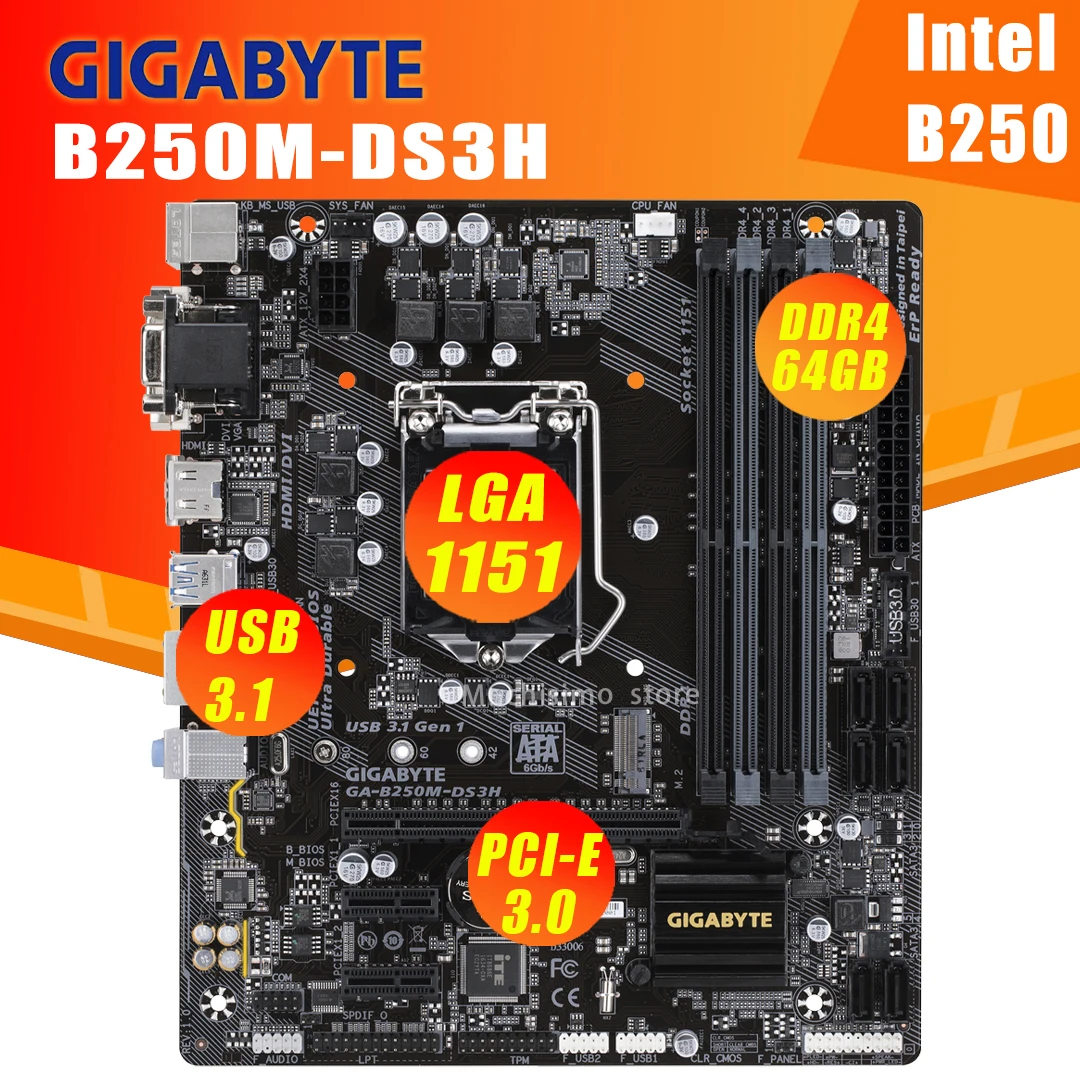 Материнская плата Gigabyte B250M-DS3H LGA 1151 поддержка 6-го/7-го поколения i7 i5 i3 DDR4 64 ГБ M.2 SSD