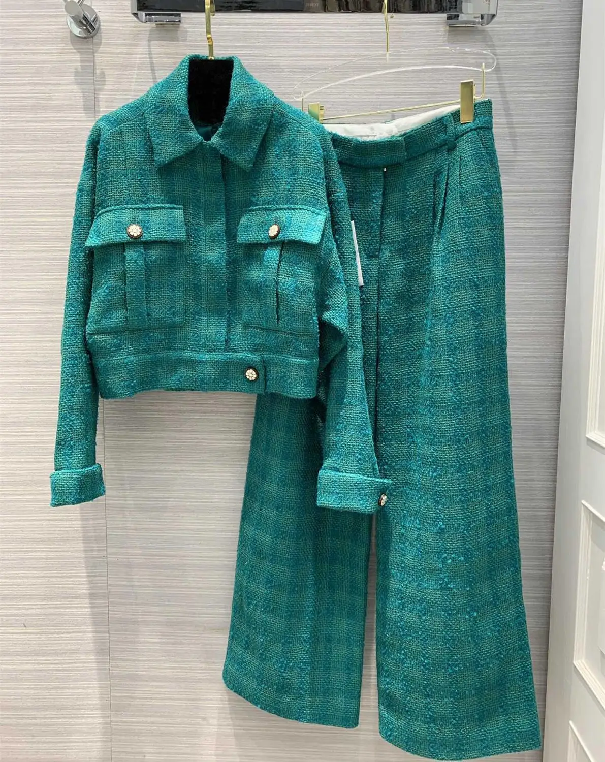 

2020 Spring Fashion women's Brand new high quality 100% silk lining tweed jackets+Elegant Wide-leg pants Ladylike pantsuit B661
