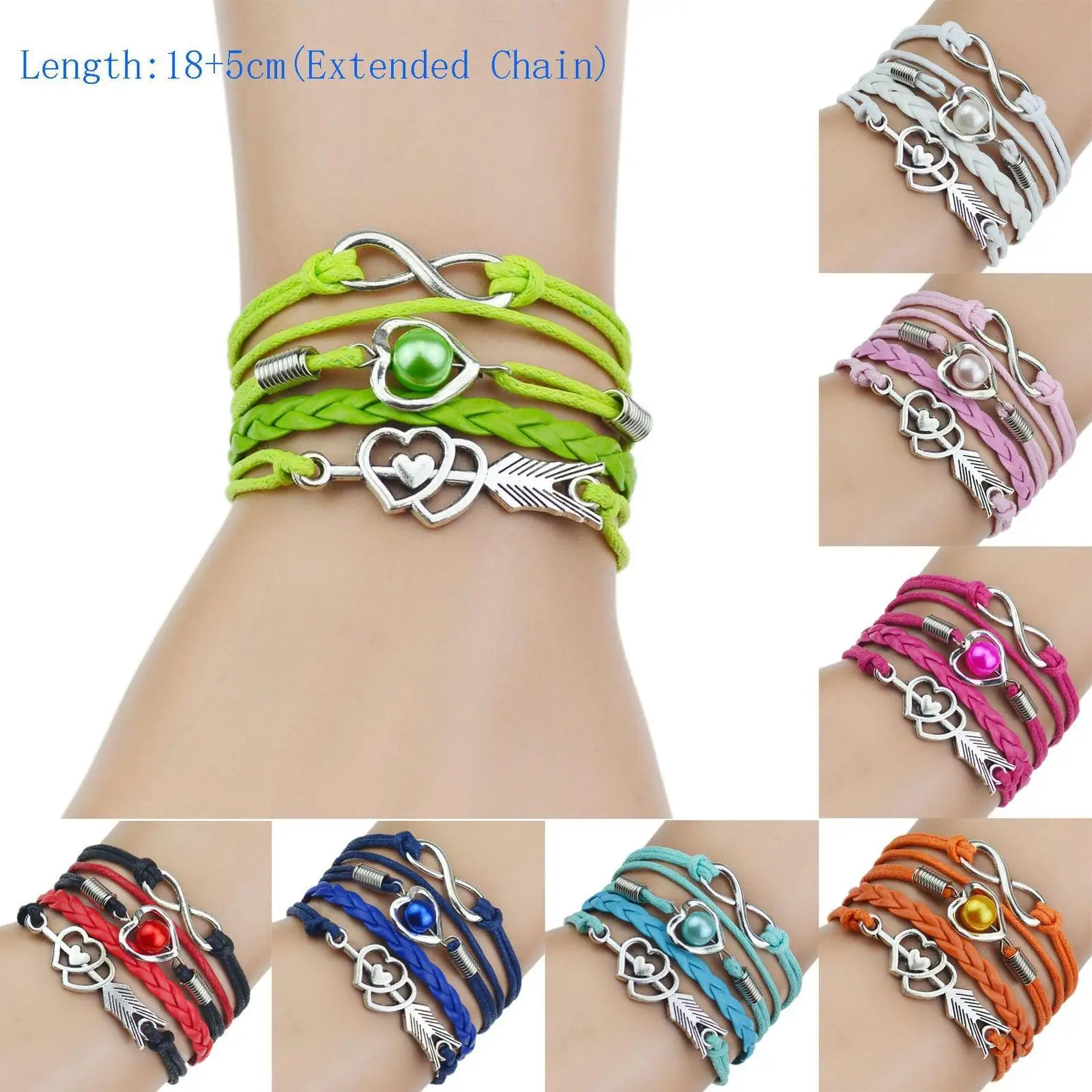 

Infinity Silver Arrow Through Heart Shape Charm Leather Bracelet Jewelry