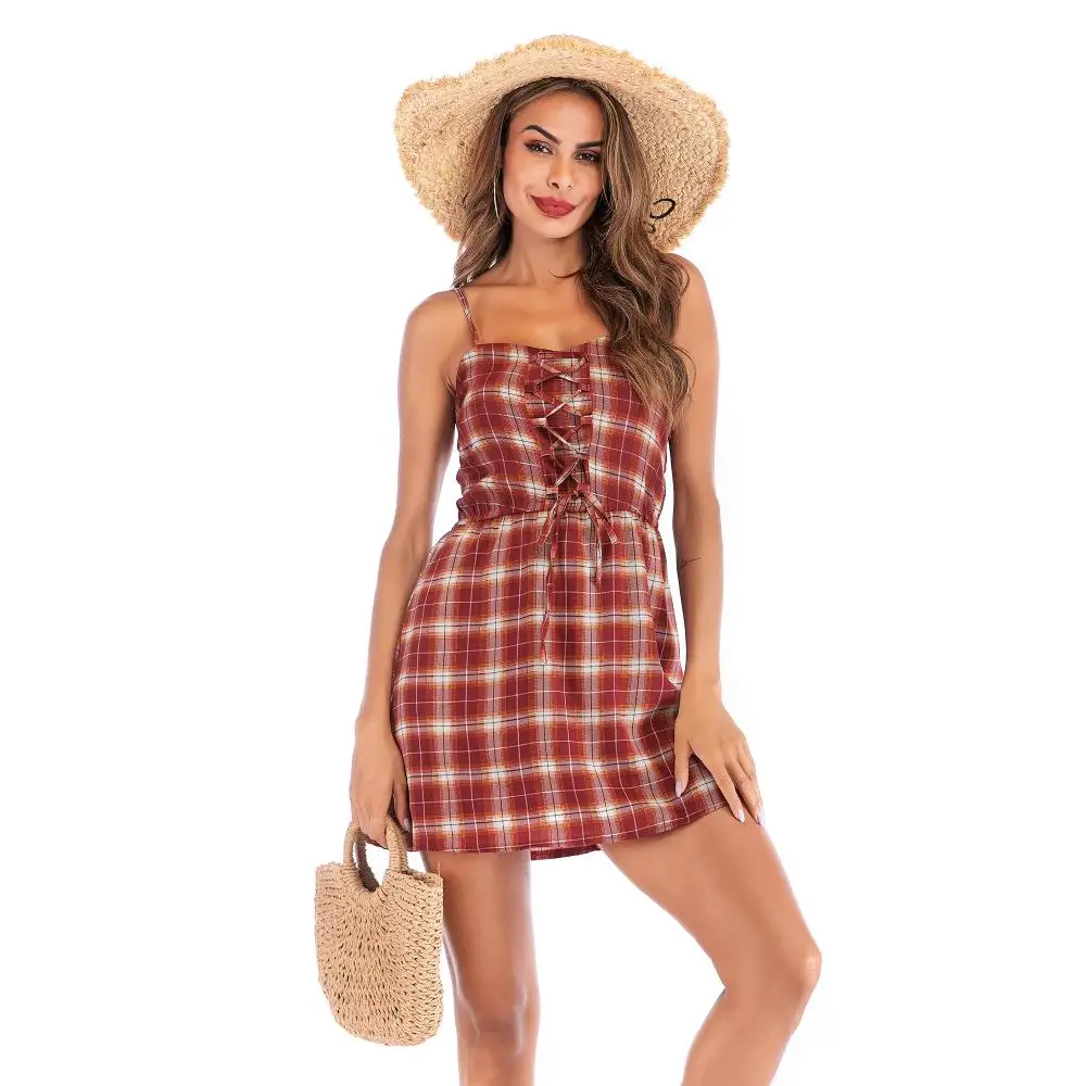 

Dress Women 2020 Fashion Sexy Dress A-line dress New Plaid Strap Dress Backless Thin Strapless Dress Women