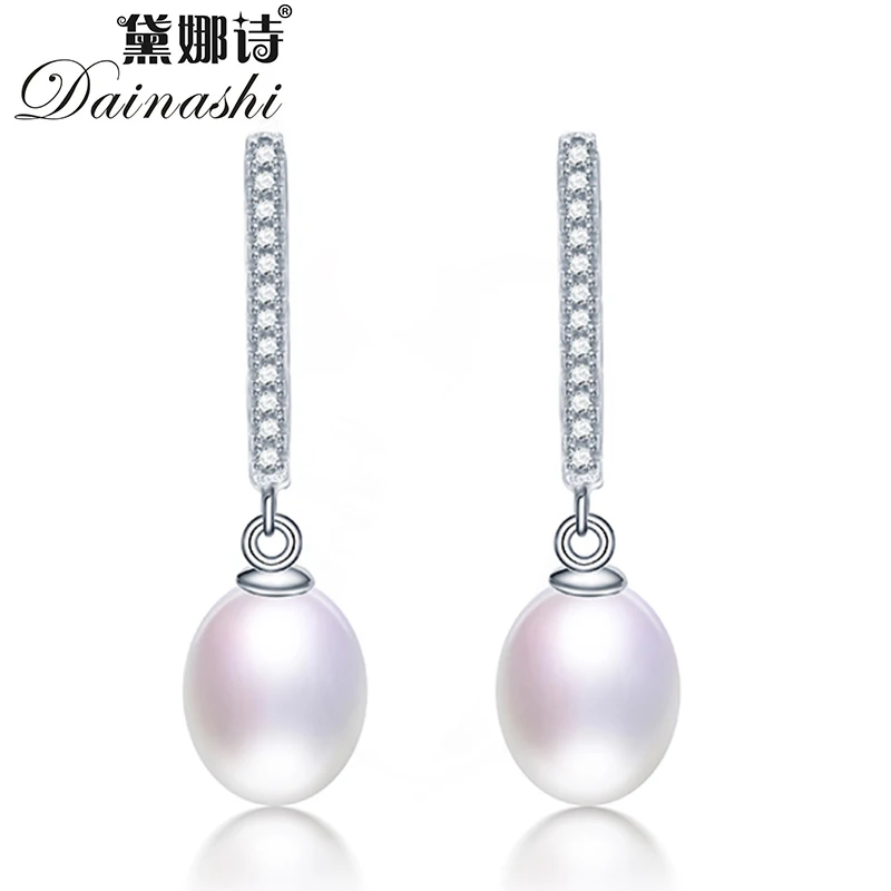 

Dainashi 100% Genuine Natural Freshwater Oval Pearl Dangle Earrings Fashion 925 Sterling Silver Zircon Drop Earrings for Women