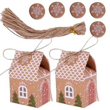 

1 Set Xmas House Treat Box Safe Snowflake Tags Ropes Goody Candy Box Kraft Paper Box Gift Box