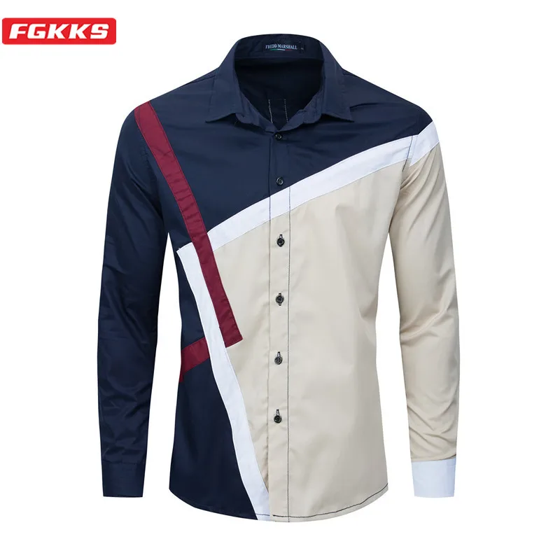 

FGKKS Brand Men Fashion Shirt Tops Spring New Men's Simple Wild Patchwork Shirt Casual Long Sleeve Shirts Male EU Size