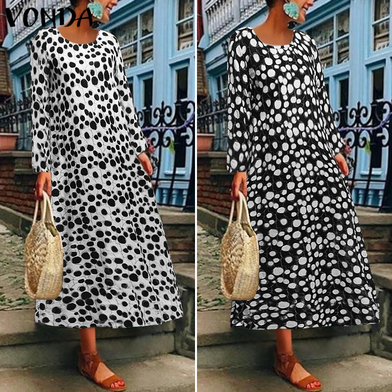 VONDA, женское осеннее платье, богемный сарафан, повседневное, свободное, винтажное, с длинным рукавом, в горошек, с принтом, макси платья размера плюс вечерние, Vestidos