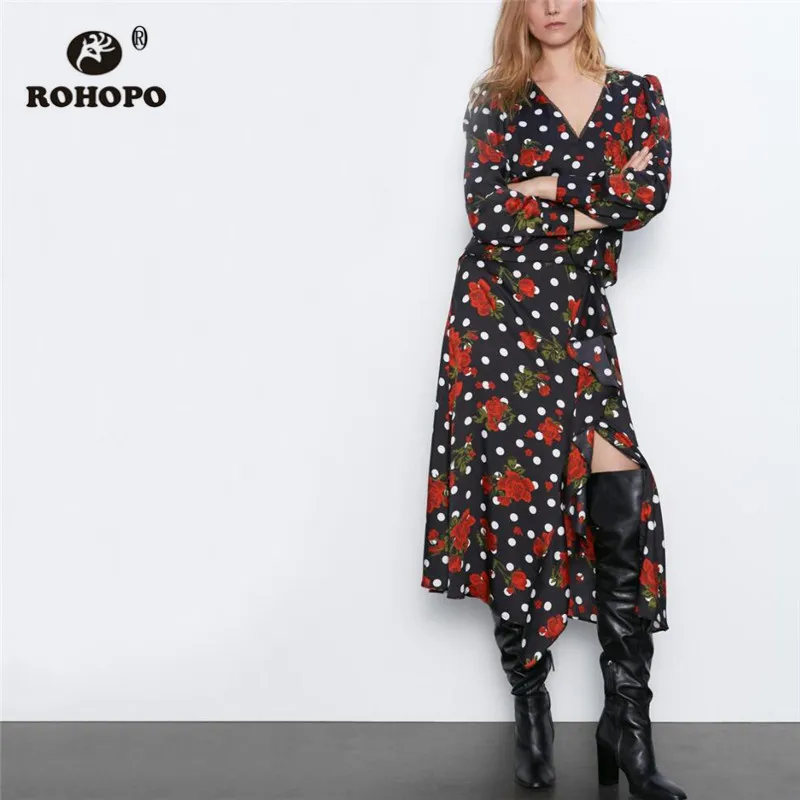 

ROHOPO Puff Sleeve V Collar Lace Neck-line Polk Dot Floral Blouse Red Rose Elegant Female Autumn Top Black Printed Blusa #9649