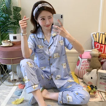 

2020 Summer Print Pajamas Sets for Women Short Sleeve Long Pants Sleepwear Pyjama Femme Loungewear Homewear Pijama Mujer Clothes
