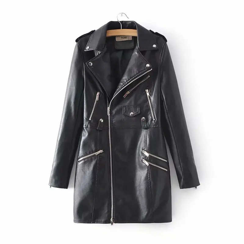 Mooirue/осенне-зимнее пальто из ПУ женские винтажные уличные куртки с длинными рукавами на молнии в Корейском стиле с отложным воротником Harajuku Feminina - Цвет: Черный