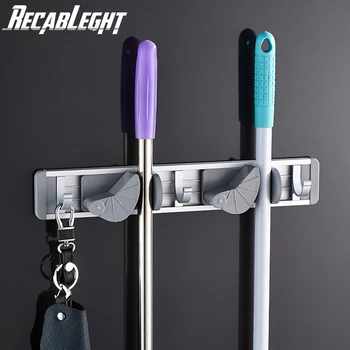 

Recableght Multifunction Wall-Mounted Space Aluminum Mop Holder Adhesive Brush Broom Hanger Storage Rack Home Bathroom Organizer