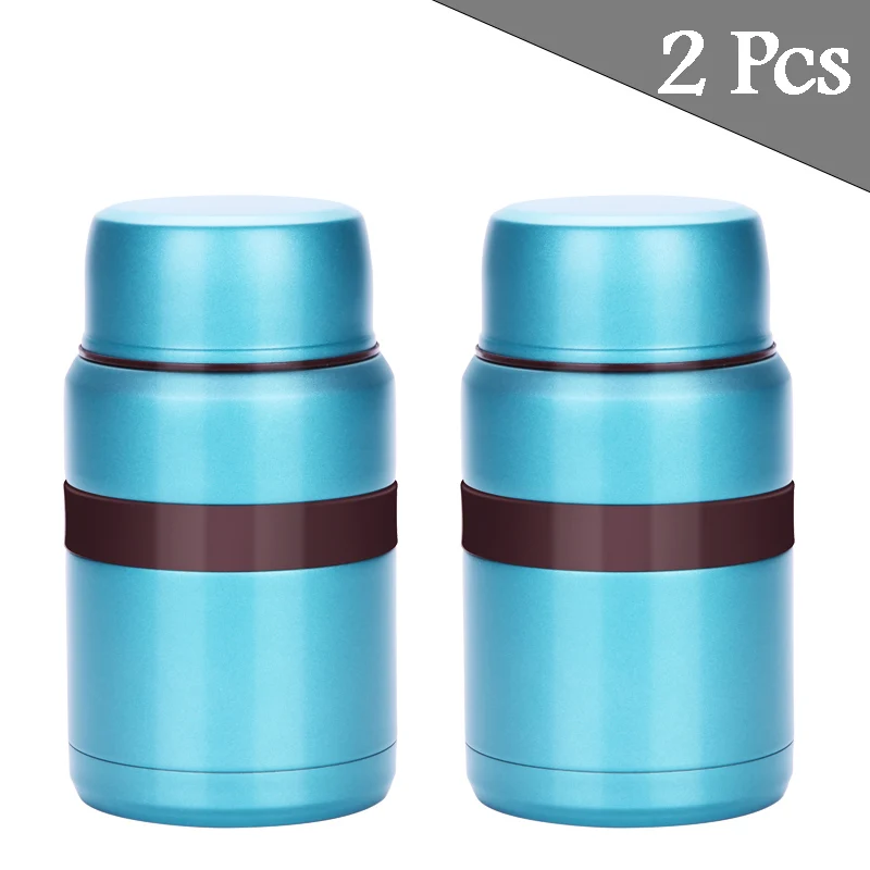 2 Pcs Blue KT218 Термос с вакуумной изоляцией баночки для еды Bento Ланч-бокс из нержавеющей стали снэк-ланч-контейнер со складной ящик для хранения ложек - Цвет: 2 Pcs Blue KT218