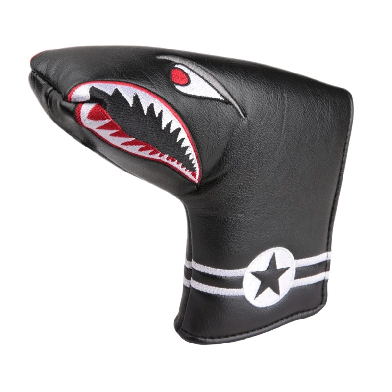 

1Pc Black PU Leather with Shark Embroidery Magnet Golf Blade Putter Head Cover Golf Club Putter Headcover