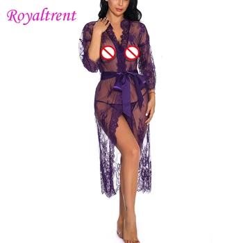 

Long Robe Perspective Lace Robe Sexy Underwear With T-Back Robe Suit Christmas Sexy Nightgown Large Size Robe S/M/L/XL/XXL