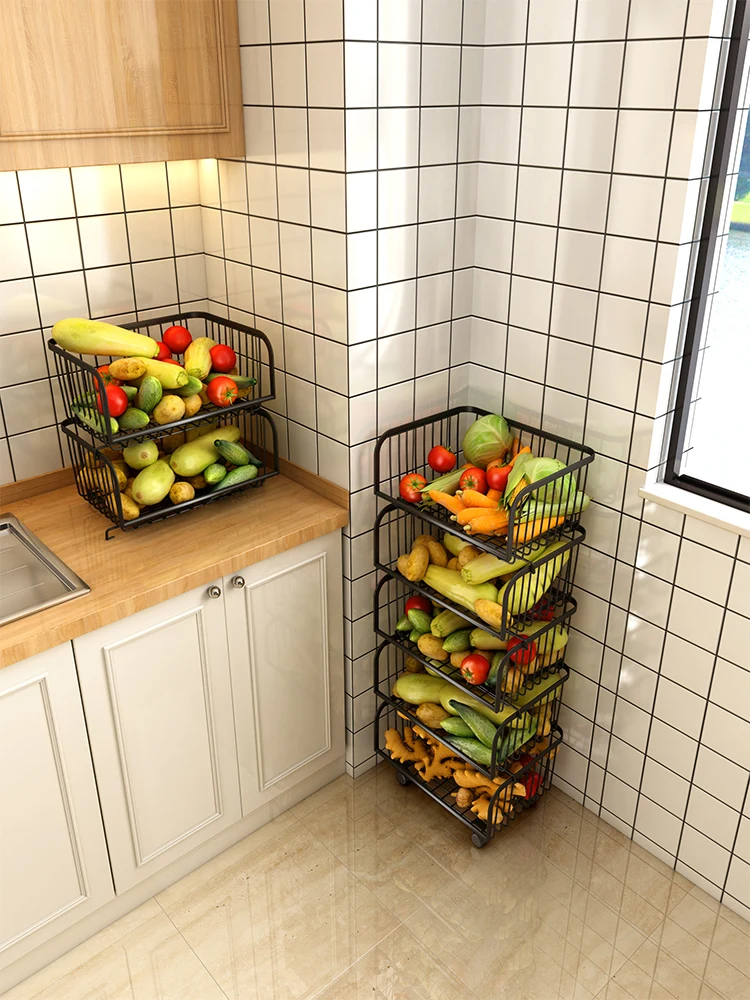 

Black kitchen dish basket rack floor multi-layer storage rack fruit and vegetable storage basket multi-function household