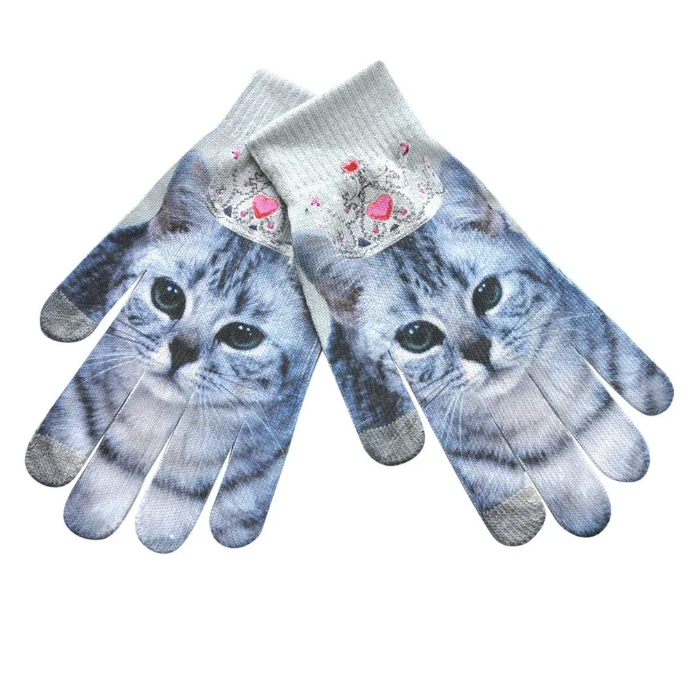 Мужские и женские зимние перчатки, зимние теплые, с 3D принтом, вязаные, для экрана телефона, с изображением котенка, милые перчатки женские перчатки, лучший подарок# L5