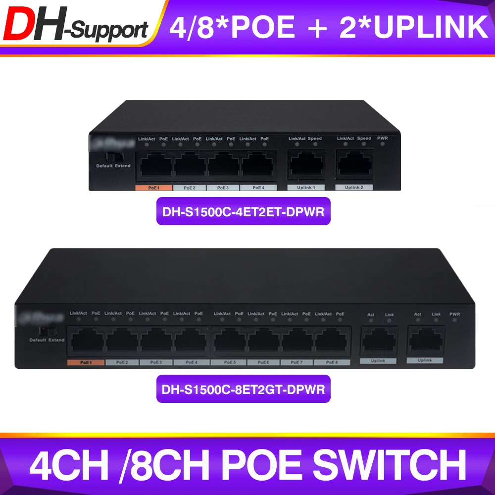 Dahua-conmutador PoE de 4 canales para DH-S1500C-4ET2ET-DPWR, conmutador de red Ethernet de DH-S1500C-8ET2GT-DPWR, 8 canales, 250m, estándar máximo, para cámara IP