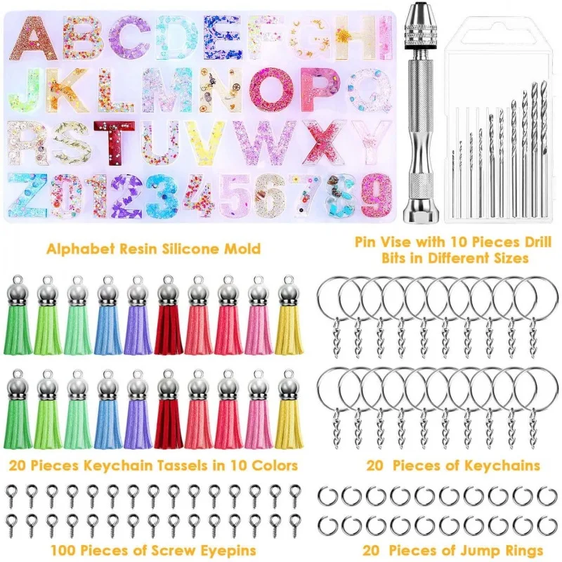 

172pcs Alphanumeric Letter Crystal Epoxy Resin Molds Designer DIY Keychain Pendant Material Tools Kit with Tassel Silicone Mold