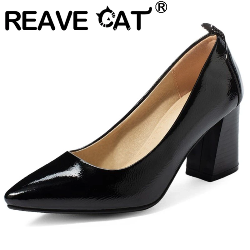 

REAVE CAT Female Concise Sexy Spring Autumn Pumps Pointed Toe 7.5cm Hoof Heels Patent Leather Slip on Size 32-48 Office S1899