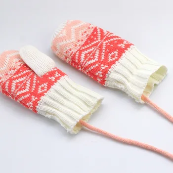 

New Winter Warm Knitting Glove Kids Girls Outdoor Fleece Lining Mittens With Neck String New Arrival