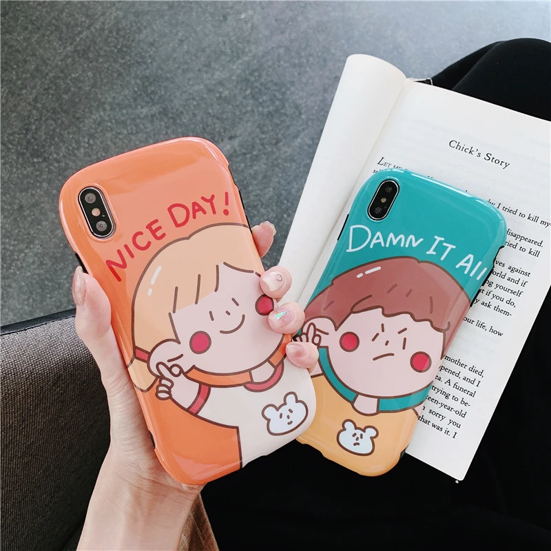 Cute cartoon illustration boy girl mobile phone case for iphone X XR XS MAX 6 6S 7 8 PLUS anti-fall luxury holder |