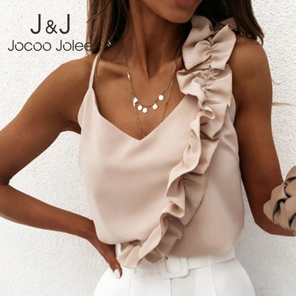 sexy camisole Jocoo Jolee Women Summer Blouse Shirts Sexy V Neck Ruffle Blouses Backless Spaghetti Strap Office Ladies Sleeveless Casual Tops womens cami