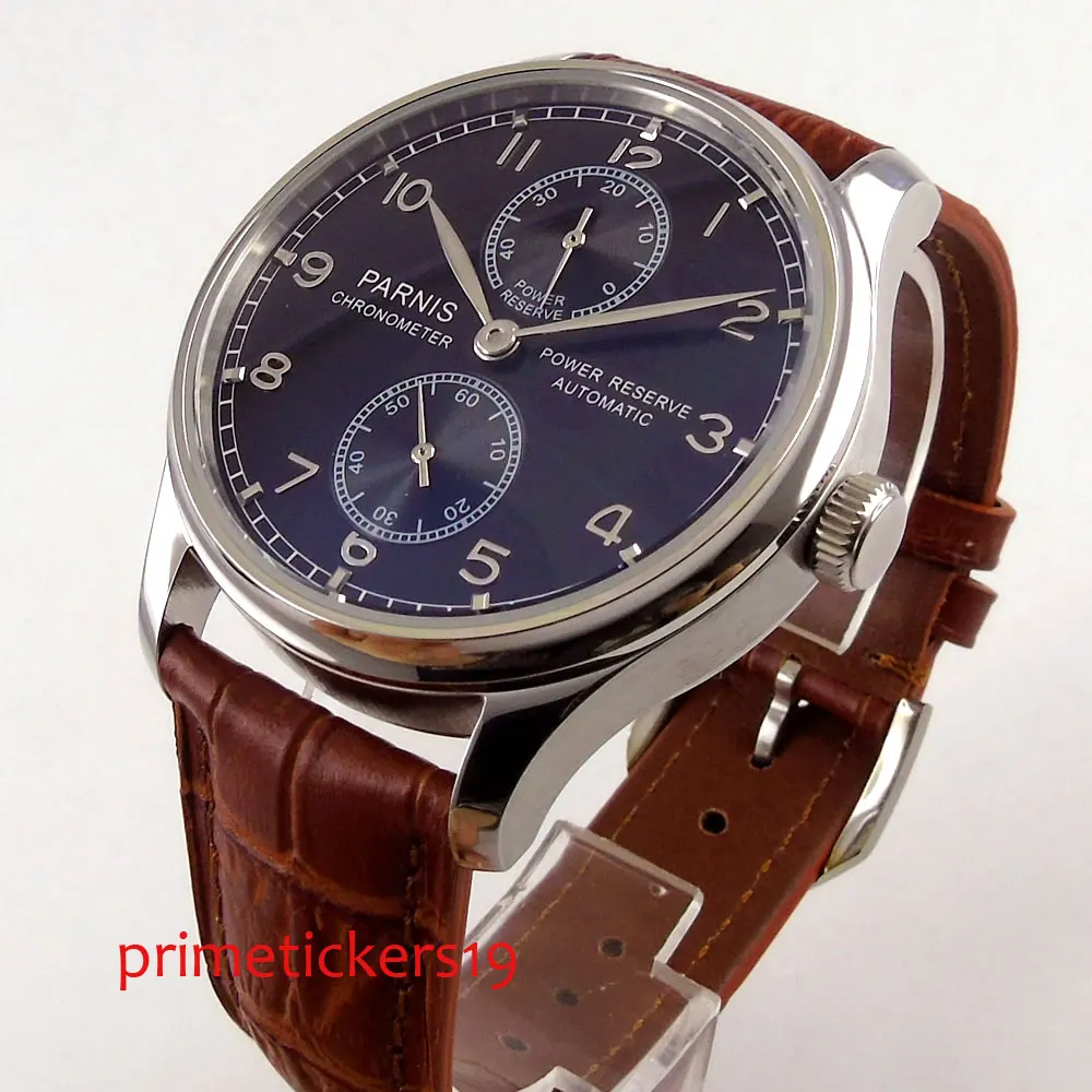 

Automatic 43mm PARNIS black dial movement brown leather strap mens watch power reserve