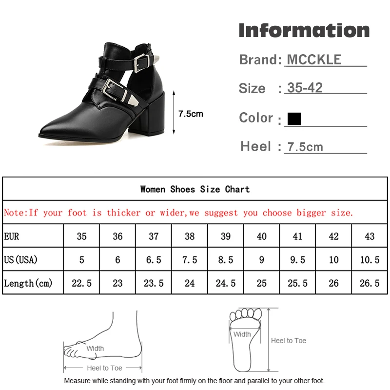 MCCKLE/осенние женские ботильоны из искусственной кожи с острым носком; женская обувь на высоком квадратном каблуке с ремешком и пряжкой; модные женские ботинки